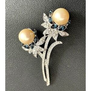 Vintage TRIFARI Floral Brooch Faux Pearls Pave Blue Crystal Flower Pin Jewelry